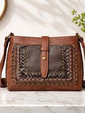 Montana West Studded Faux Leather Brown Crossbody Bag
